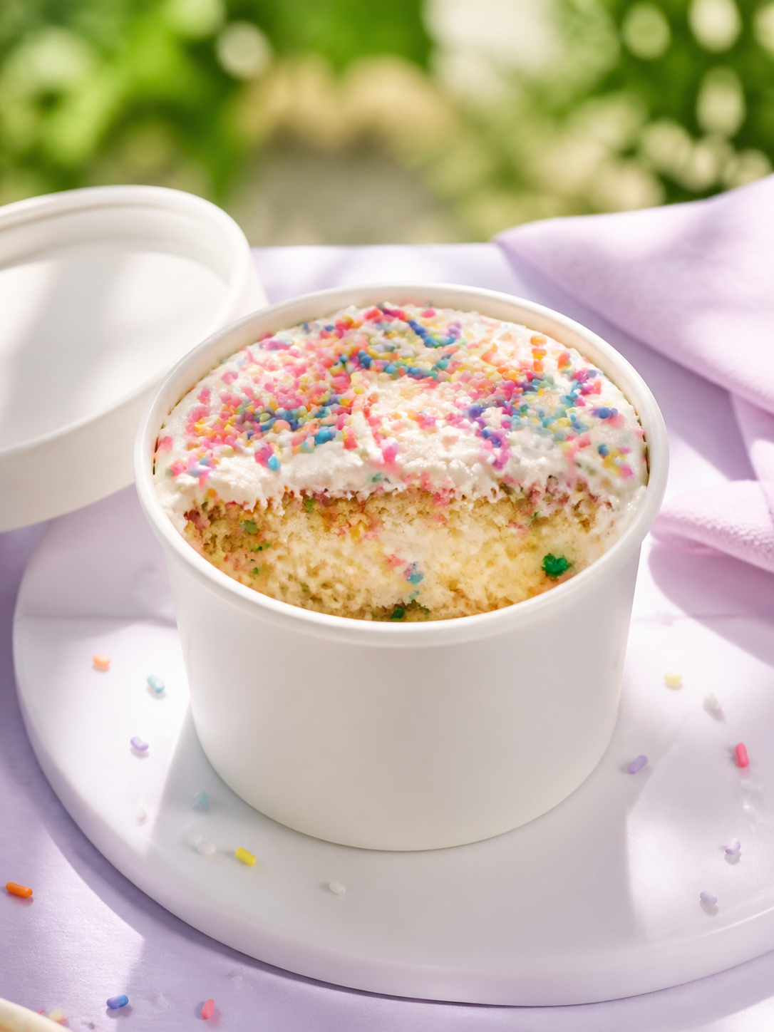 Birthday Sprinkles Cake in a white individual container